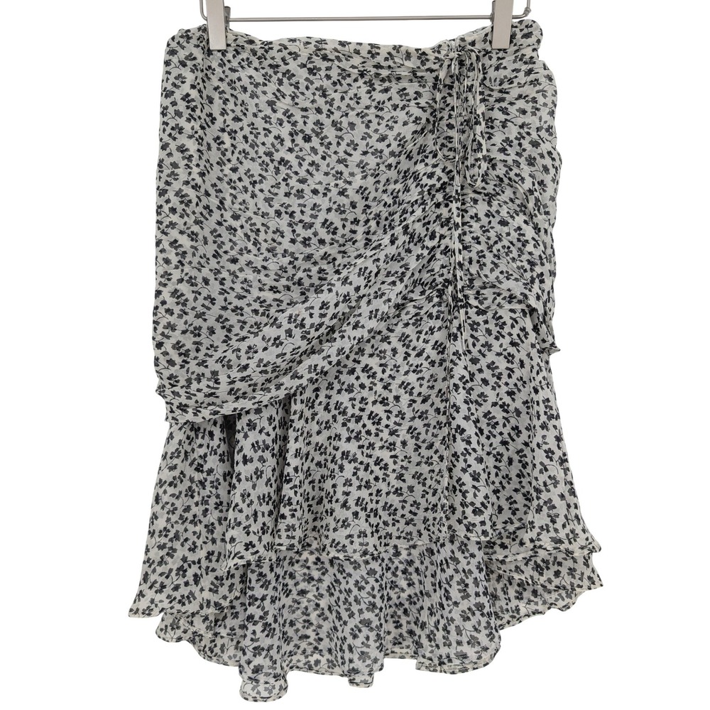 Veronica Beard Silk Floral Ruched Skirt Womens 2 White Black Ruffle Hem Feminine